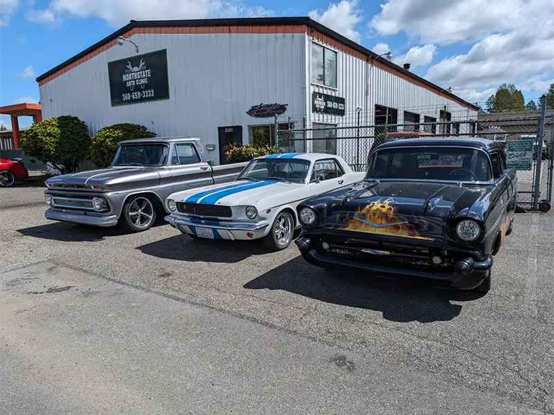 NorthState Auto Clinic shop building with classic vehicles parked outside in Marysville WA