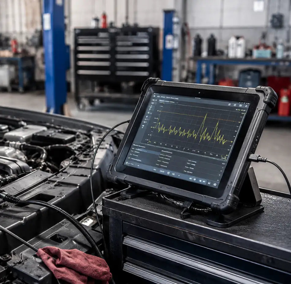 Transmission Diagnostics And Testing Diagnostic scan tool connected to a vehicle during transmission diagnostics and performance testing.