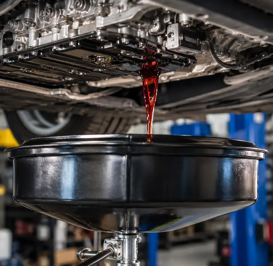 Transmission Fluid Service Transmission fluid being drained during a routine transmission service and inspection.