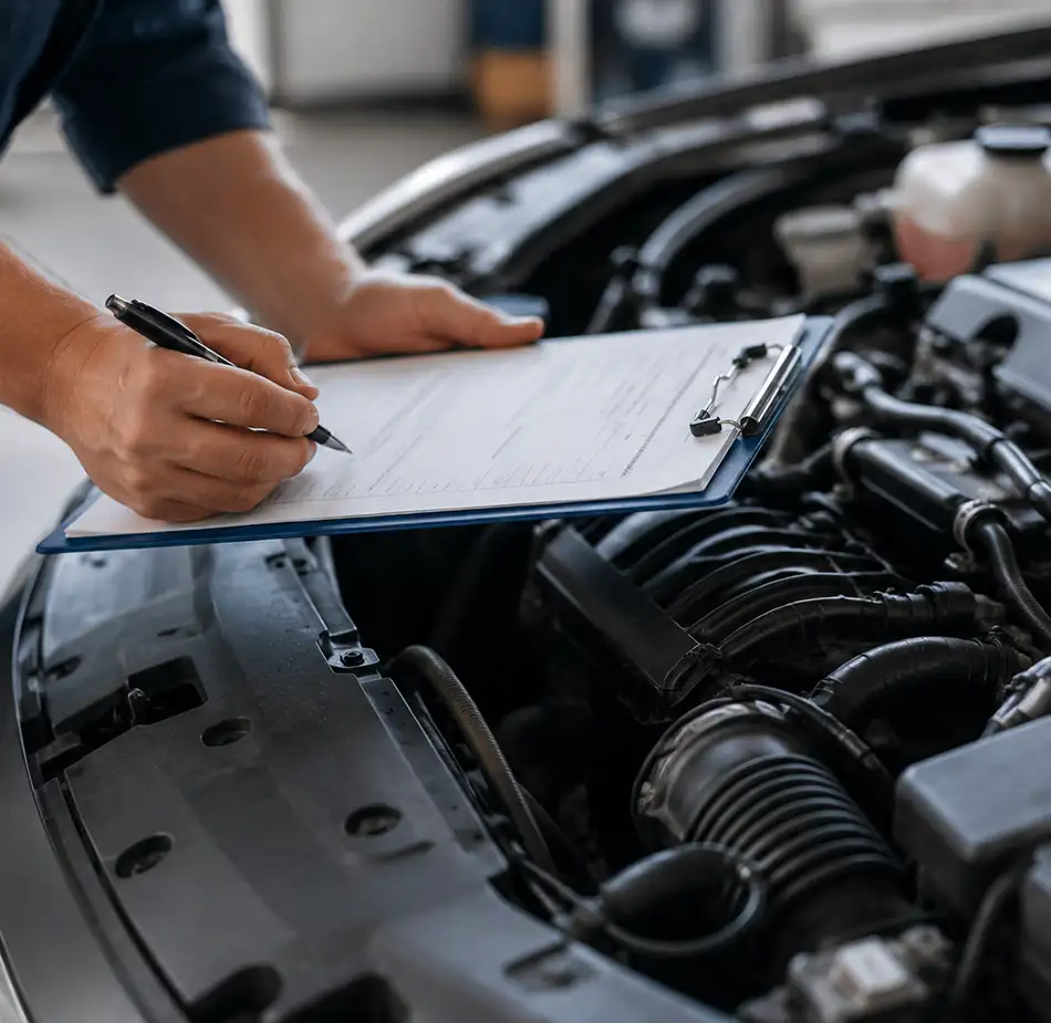 Vehicle Inspection Technician Checking Engine Automotive technician using a clipboard while inspecting a vehicle engine compartment.